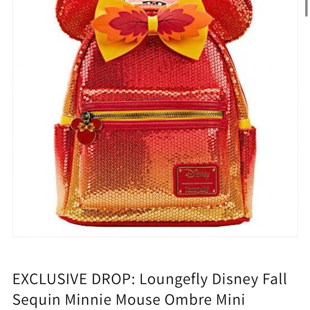 Loungefly Fall Sequin Ombré Minnie Red and Orange Sequin Backpack - Picture 10 of 16